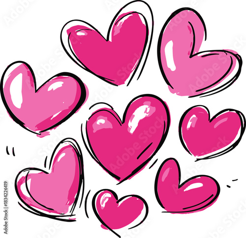 Pink hearts sketch hand drawn playful scattered arrangement. Vector illustration