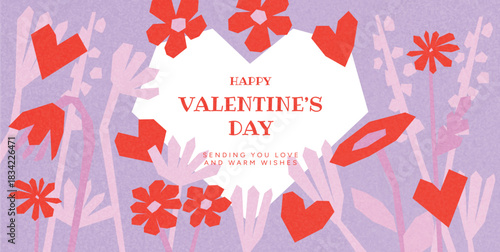 Happy Valentine’s Day card with Red Hearts and Flowers. Romantic Greeting Card, Promo, Poster, Banner for February 14th