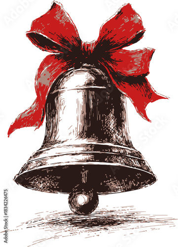 Christmas bell sketch with large red bow, hand drawn festive holiday decoration. Vector illustration