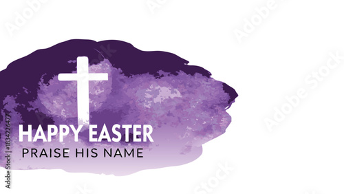 Happy easter christian greeting with white cross and purple watercolor splash background