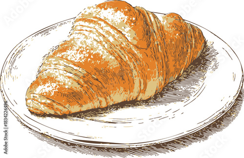 Croissant sketch hand drawn on plate, detailed bakery breakfast scene. Vector illustration