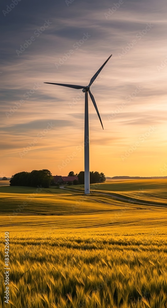 Obraz premium Wind turbine in a golden field at sunset generating clean energy.