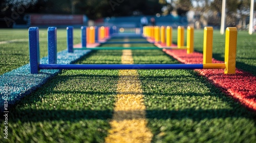 Colorful Training Equipment on a Sports Field with Obstacles for Athletes Preparing for Practice or Competition in an Outdoor Environment
