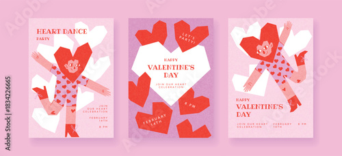 Playful Groovy Valentine’s Day cards with dancing heart-shaped characters. Cute geometric figures. Festive and joyful celebration. posters, invitations and social media design.