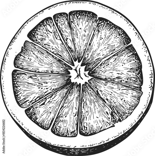 Orange slice sketch, hand drawn citrus fruit cross section with detailed texture. Vector illustration