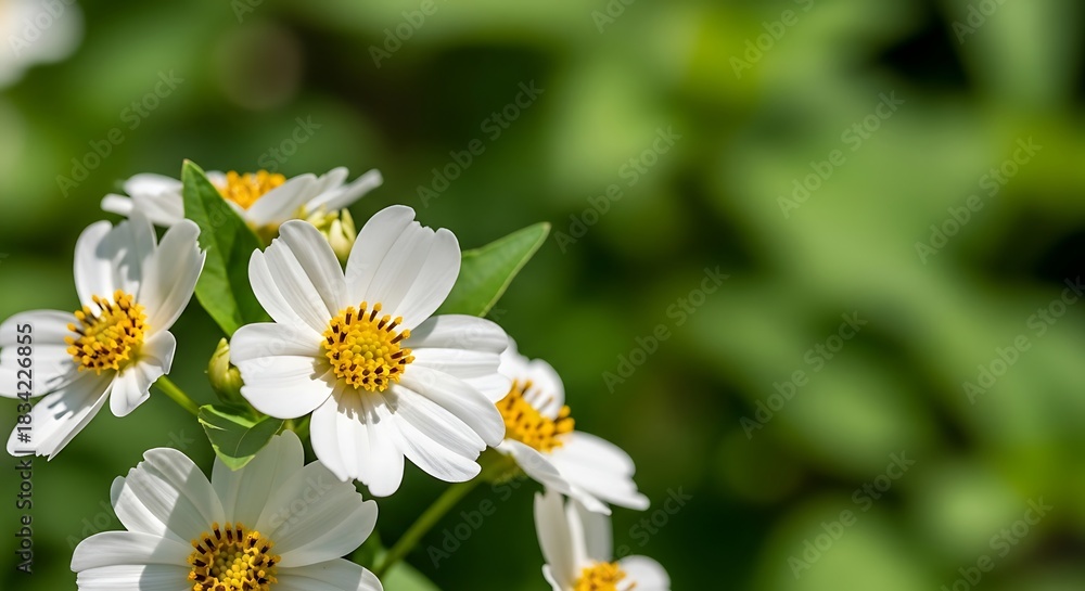 Fototapeta premium Close-up of delicate white flowers with yellow centers blooming in a vibrant green garden, bathed in natural sunlight.