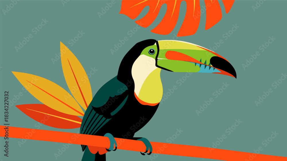 Naklejka premium Beautiful exotic toucan with a bright colored beak sitting on a branch, tropical rainforest bird vector illustration f