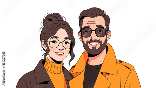A stylish couple with fashionable glasses and jackets, smiling warmly in a close-up studio portrait