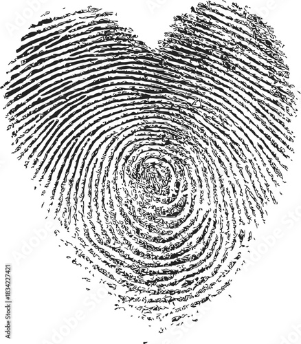 Fingerprint heart sketch, hand drawn style, unique love symbol with textured lines. Vector illustration