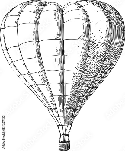 Hot air balloon sketch, hand drawn style, detailed vintage aerostat with basket. Vector illustration