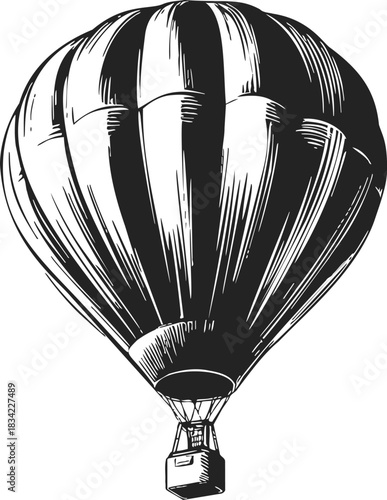 Hot air balloon sketch, hand drawn vintage style with detailed basket. Vector illustration