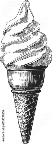 Ice cream cone sketch, hand drawn style with detailed swirled soft serve and waffle cone. Vector illustration