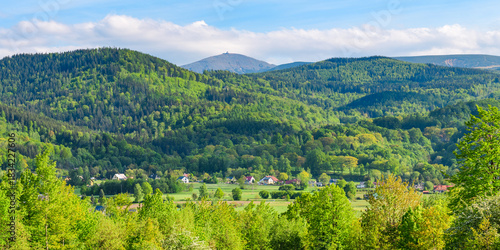 Fototapeta Naklejka Na Ścianę i Meble -  The Giant Mountains, Western Sudetes, with a view of the mountains with dense forest on the slopes and the highest peak, Sniezka. Panorama on a sunny summer day.
