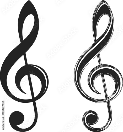 Treble clef symbols sketch hand drawn style, bold and textured variations. Vector illustration