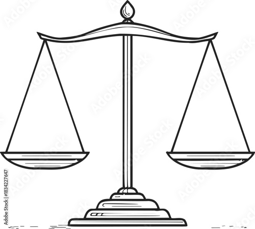 Balance scale sketch, hand drawn line art of classic weighing instrument. Vector illustration