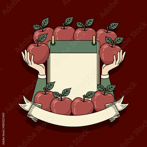Classic style blank calendar page held in two hands, framed by a festive frame of bright red apples and fresh green leaves on a maroon background. Apple Gifting Day on January 1st