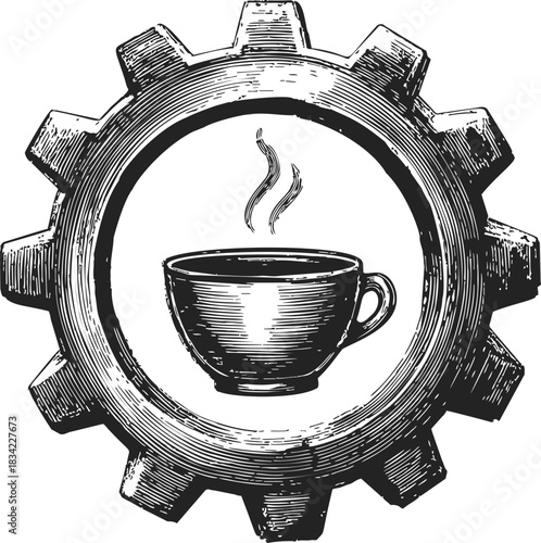 Coffee cup sketch inside gear wheel with steam, hand drawn style. Vector illustration