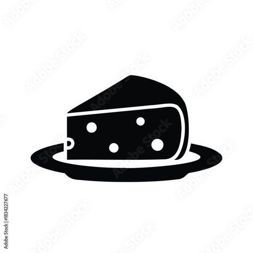 Black silhouette of a wedge of cheese on a plate on a white background