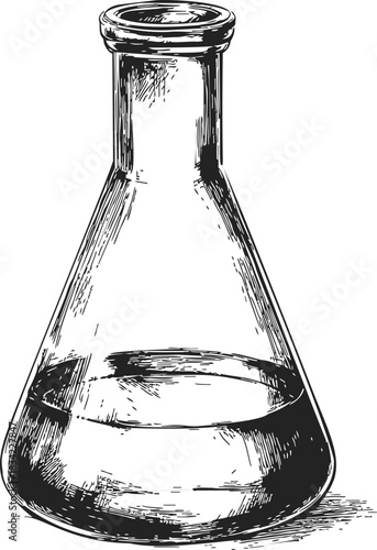 Erlenmeyer flask sketch hand drawn laboratory glassware with conical body and narrow neck. Vector illustration