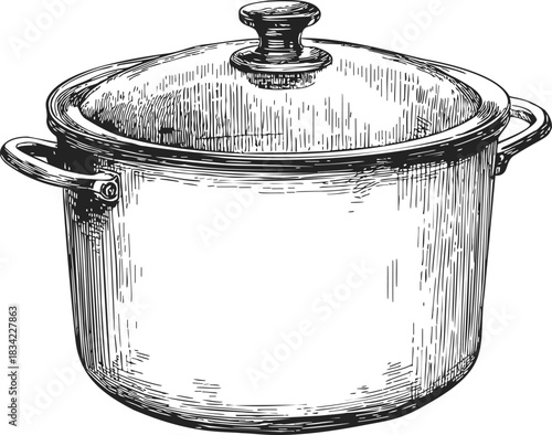 Stock pot sketch hand drawn with lid and side handles. Vector illustration