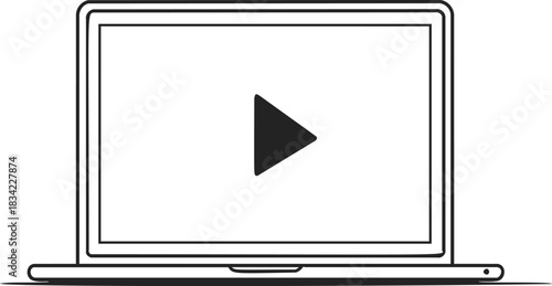 Laptop sketch hand drawn with play button on screen. Vector illustration