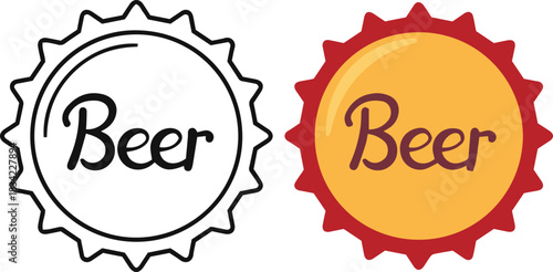 Beer bottle cap flat and line art outline icon label design