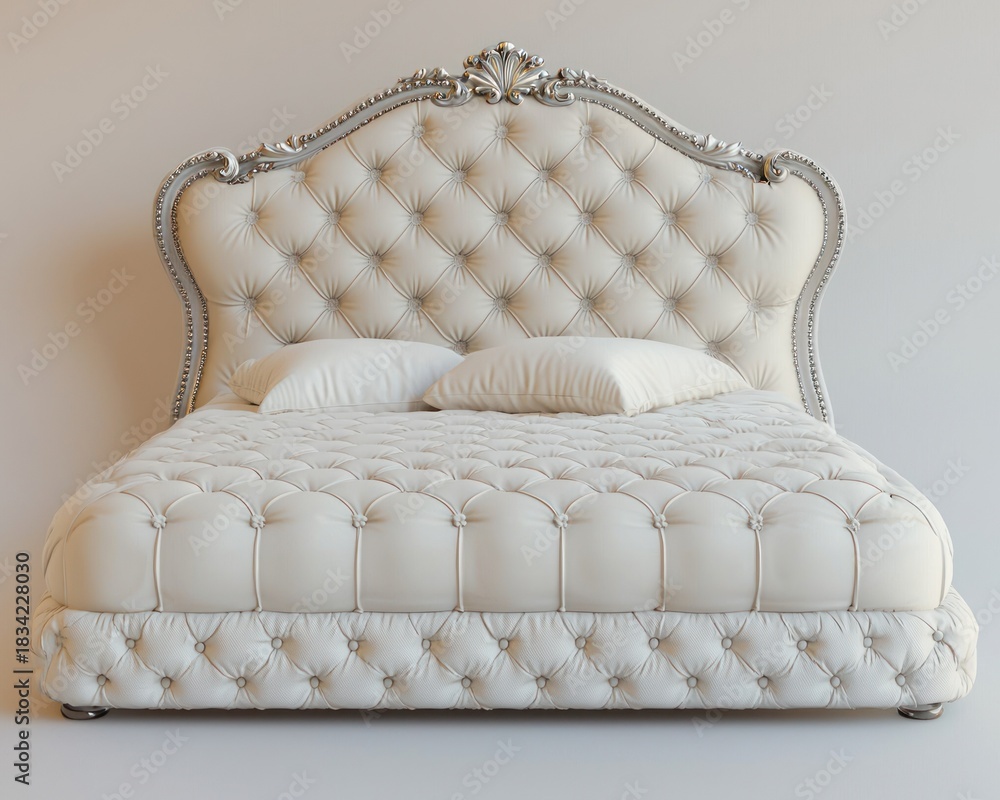 Obraz premium Ornate tufted bed with cream upholstery and silver frame, two pillows on top