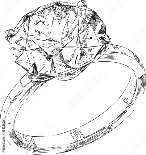 Diamond ring sketch, hand drawn vector, solitaire gemstone on simple band. Vector illustration