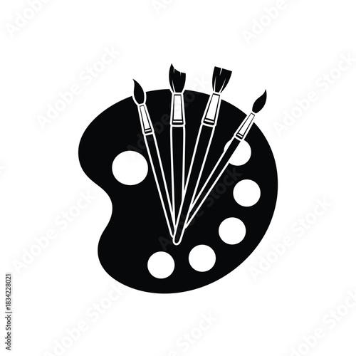 Black silhouette of an artist's palette with brushes on a white background