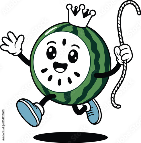 Cheerful watermelon king mascot with crown and rope a fun and vibrant design for summer promotions and children's products that brings joy to any project