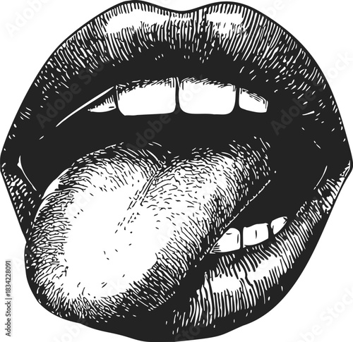 Mouth with tongue out sketch, hand drawn style, detailed lips and teeth. Vector illustration