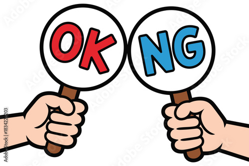 Two hands hold signs, one with 'OK' and the other with 'NG', indicating a decision.