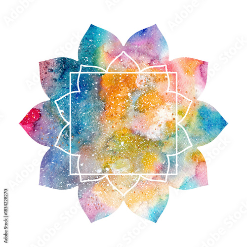 Illustration of mandala shape with white frame. Multicolored colorful watercolor texture, background. Oriental ethnic asian lotus flower symbol sign, chakra silhouette. Yellow blue colors.