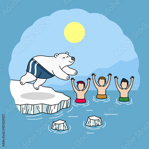 A polar bear wearing swimming trunks prepares to plunge into frigid water. An ice swimming challenge event at the start of the year. Polar Bear Plunge Day on January 1st.