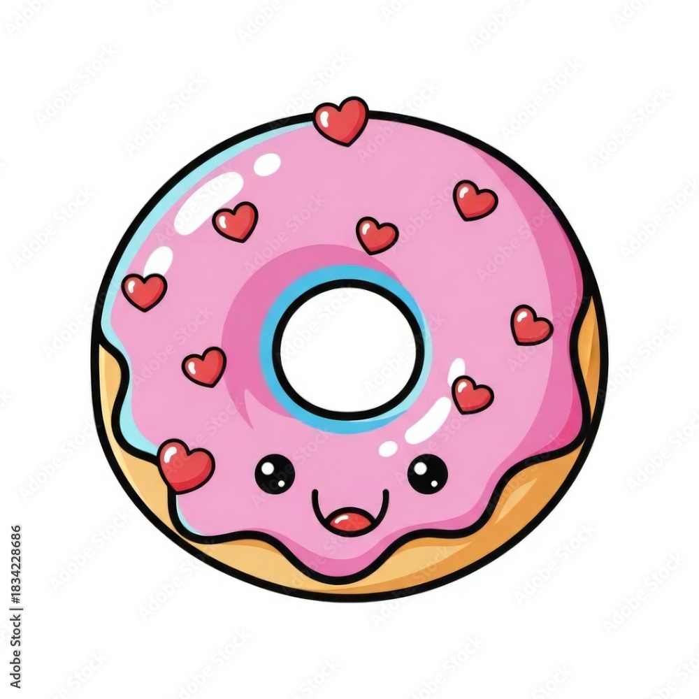 Fototapeta premium Cute donut with pink frosting and heart sprinkles cartoon vector illustration for Valentines Day isolated on white background