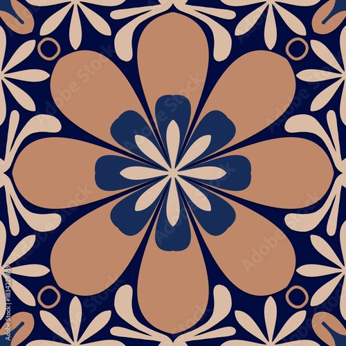 seamless pattern with flowers,orange, blue curves ,painted create to flowershape, leaves, navy blue background in geometric patterns as sarong,fabric,tile,printed fabric,batik,tablecloth patterns.