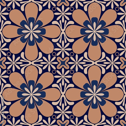 seamless floral background,orange, blue curves ,painted create to flowershape, leaves, navy blue background in geometric patterns as sarong,fabric,tile,printed fabric,batik,tablecloth patterns.