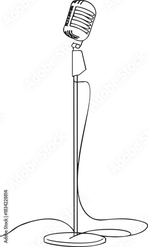 Vintage microphone on stand sketch, hand drawn with cable detail. Vector illustration