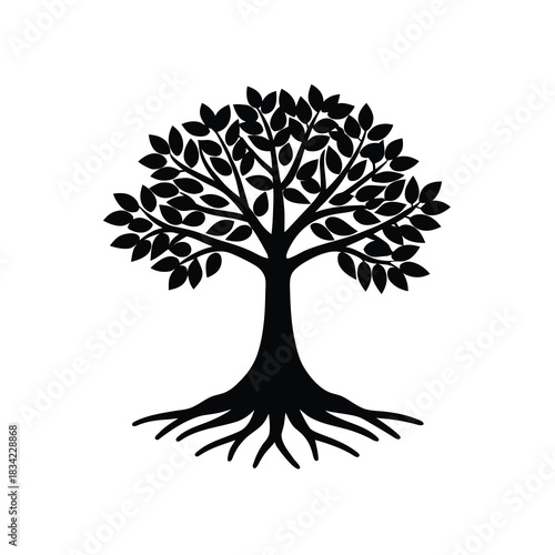 Silhouette Of Tree With Roots And Leaves Natural Environment Symbol Vector