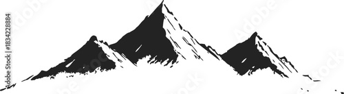 Mountain silhouette sketch, hand drawn black and white rugged peaks. Vector illustration