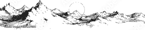 Mountain range sketch hand drawn with sun and rugged peaks. Vector illustration