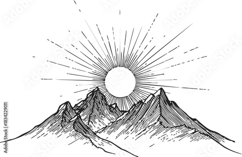 Mountains hand drawn sketch with sunburst rays in background. Vector illustration