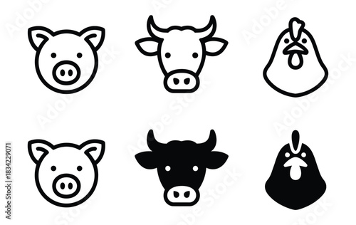 A collection of stylized farm animal icons, including pigs, cows, and chickens, in both outline and solid fill styles.