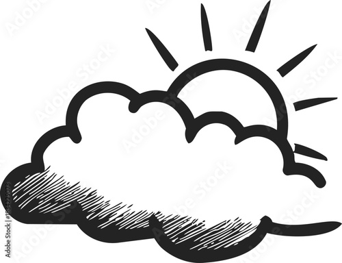 Sun behind cloud sketch, hand drawn weather icon with sun rays. Vector illustration