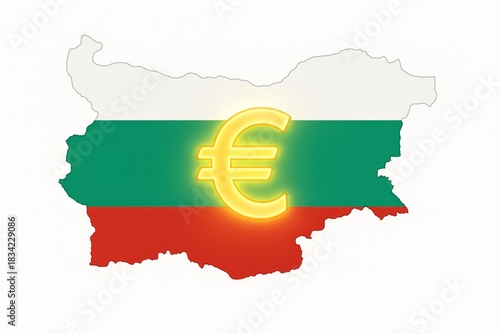 Glowing euro currency symbol over Bulgaria map with national flag colors, isolated on white background.