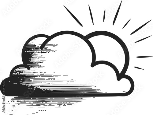Sun behind cloud sketch, hand drawn style with sun rays and textured shading. Vector illustration