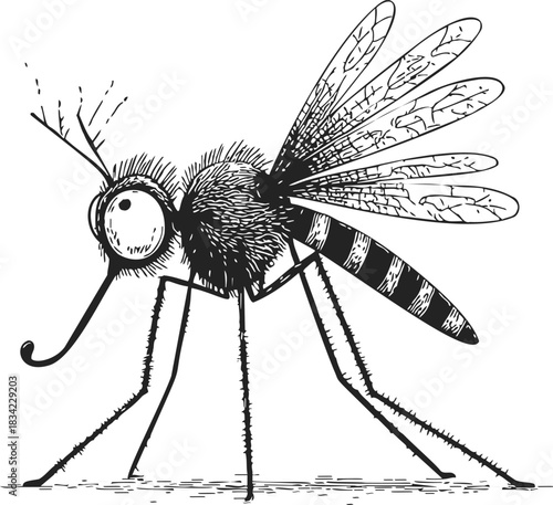 Mosquito sketch hand drawn insect with detailed wings and striped body. Vector illustration