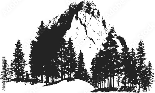 Mountain silhouette sketch, hand drawn pine trees and rocky peak landscape. Vector illustration