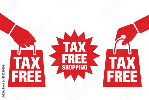 Hands hold shopping bags promoting tax-free shopping with a central starburst graphic.