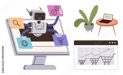 AI robot multitasking with icons for search, idea, settings, and globe on monitor. Laptop, plant, and sales growth chart with shopping carts. Ideal for ecommerce, productivity automation